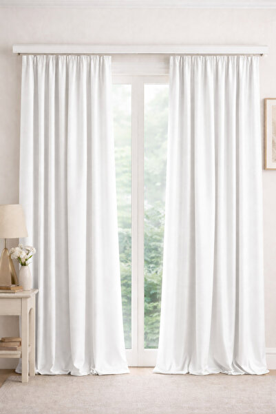 NOVA PERDE Krem Renk Saten Güneşlik Perde Fon Perde Kornişe Hazır