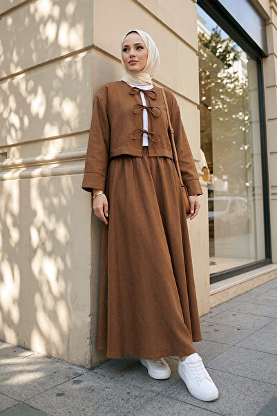 MODAQU Linen Lace-Up Skirt Blouse Top and Bottom Set - Tan