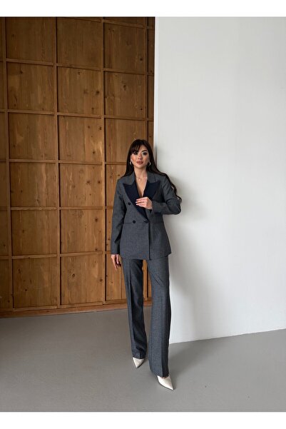 LOVELF Premium Yakası Garnili Pötikare Takım Lacivert