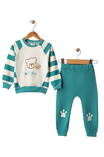 Generic Brand Wwc Green Teddy Bear Embroidered Striped Baby Boy Set
