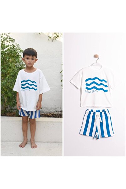 Yerli Blue Striped Boy's T-Shirt and Shorts Set