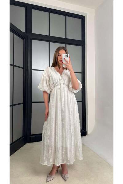 Gaus Ekru Püsküllü V Yaka Balon Kol Elbise GAUS-01232