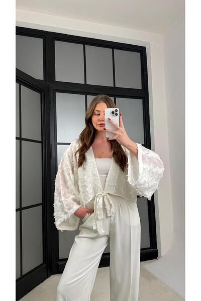 Gaus Ekru Püsküllü Bağlama Detaylı Kimono GAUS-01277