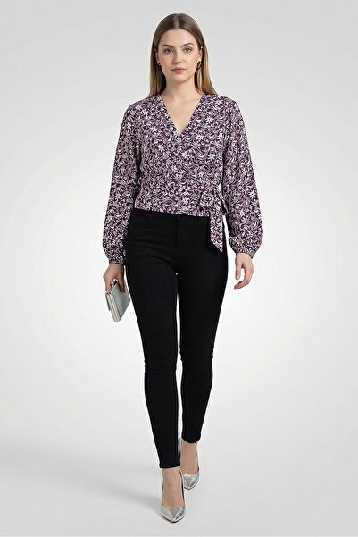 Maje Women Surplice Neck Long Sleeve Floral Pattern Crop Top, Multicolor