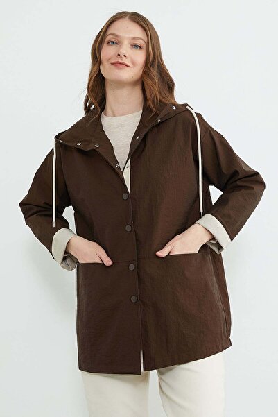 Fulla Moda Snap-Fastened Hooded Parachute Fabric Trench Coat