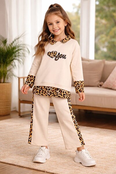 Kids KIZ ÇOCUK KREM RENGİ LEOPAR DESENLİ TAKIM-5-6 YAŞ
