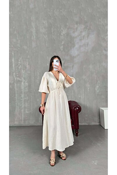 Gaus Ekru Cesika V Yaka Beli Lastikli Müslin Elbise gaus-01260