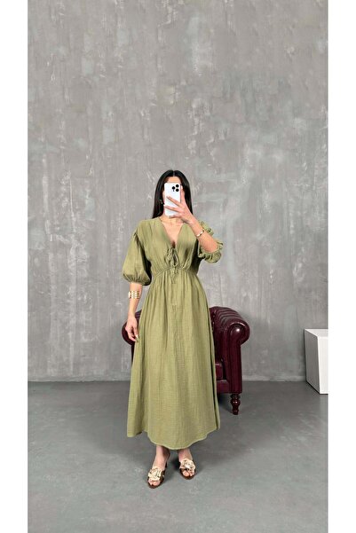 Gaus Haki Cesika V Yaka Beli Lastikli Müslin Elbise gaus-01260