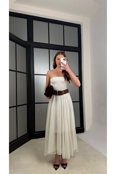 Gaus Ekru Beli Lastikli Astarlı Şifon Etek GAUS-01266