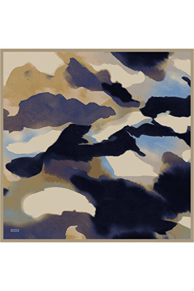 Aker Lacivert Fırça Desenli İpek Krep Saten Eşarp