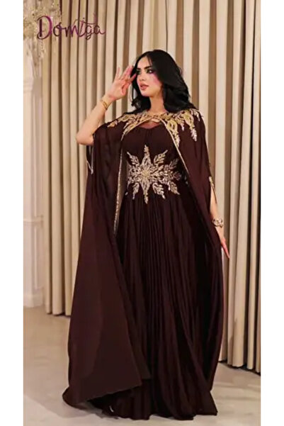 domiga Brown Caftan Embroidered with Golden Star and Pleated Skirt
