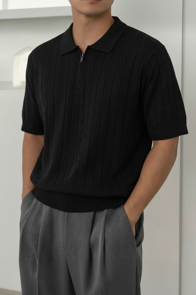 ModaYaren Men's Half Zipper Polo Collar Vertical Patterned Knitwear Comfortab...