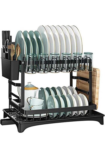 rayze 2-tier dish rack with drainer, tableware with drainer tray, sink storag...