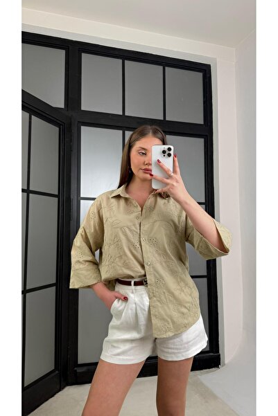 Gaus Yeşil Çiçek Nakışlı Pinterest Gömlek GAUS-01268