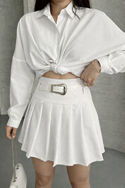 İLKCET MODA Women's Mini Skirt with Pleated Belt and Lining