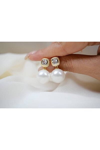 ATELİER TUĞBA Kp348 Square Stone Pearl Hanging Earrings Gold (Length 25 mm)