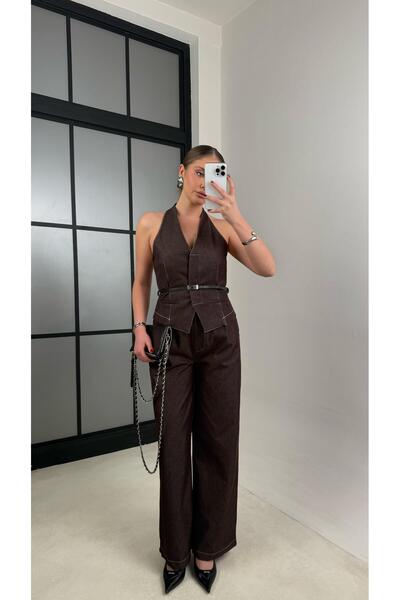 Gaus Acı Kahve Kemerli Yelek Pantolon İkili Denim Takım GAUS-00997