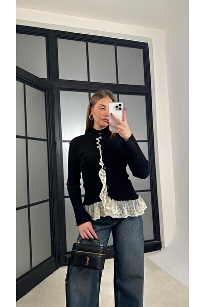 Gaus Siyah Dantel Detaylı Triko Hırka GAUS-01270