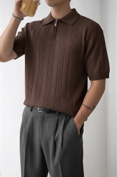 ModaYaren Men's Half Zipper Polo Collar Vertical Patterned Knitwear Comfortab...