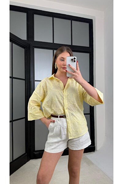 Gaus Sarı Çiçek Nakışlı Pinterest Gömlek GAUS-01268
