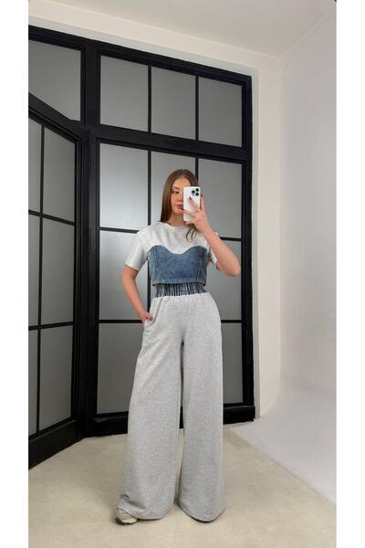 Gaus Gri Denim Detaylı Crop Beli Lastikli Pantolon Premium Takım GAUS-01273