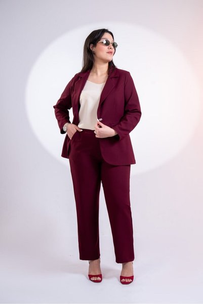 Roxxlen Plus Size Women's Button Detailed 2-Piece Jacket-Pants Set Burgundy