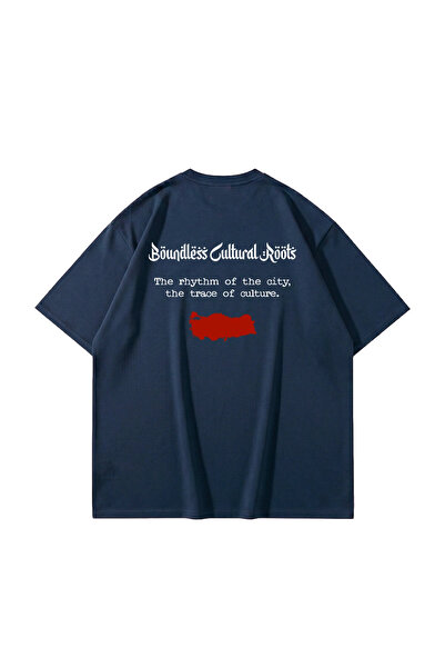 Sekizbiraltı Cultural Roots Printed Oversized Unisex Navy Blue Tshirt