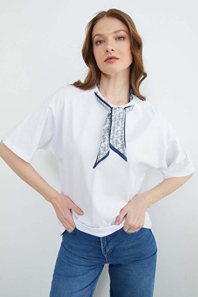 Fulla Moda Scarf Detailed Crew Neck T-Shirt