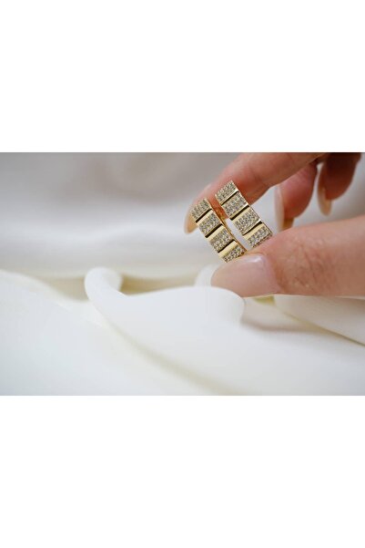 ATELİER TUĞBA Kp335 Striped Detail Multi-Stone Gold Earrings (Length 20 mm)