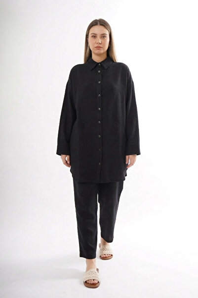 Ceremony Snap Fastener Front Aller Detail Linen Fabric Trousers Set 906 Black