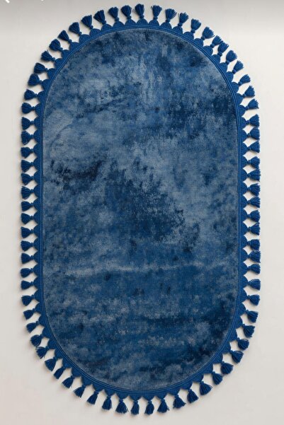 altınsar Koyu mavi oval kaymaz tabanlı yıkanabilir peluş dokulu püskül kenar ...
