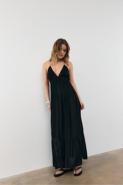 Stradivarius Boncuklu askılı uzun elbise