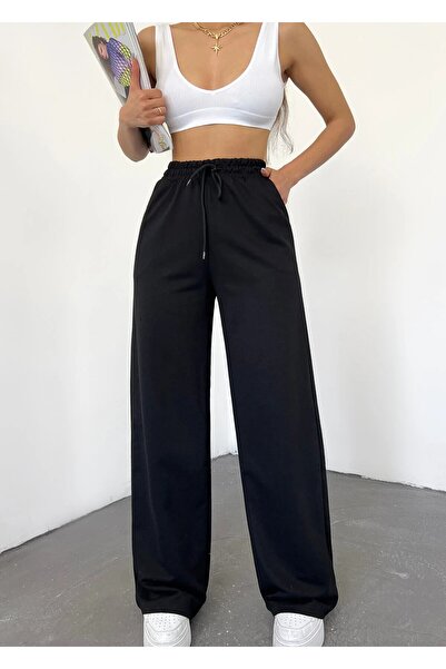 Hera Moda Women's Black Summer High Waist Loose Wide Leg Loose Sweatpants