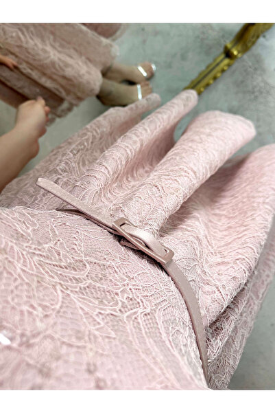 missswans Mila Balon Kol Dantel Pul Payet İşlemeli Kemer Aksesuarlı Midi Boy ...