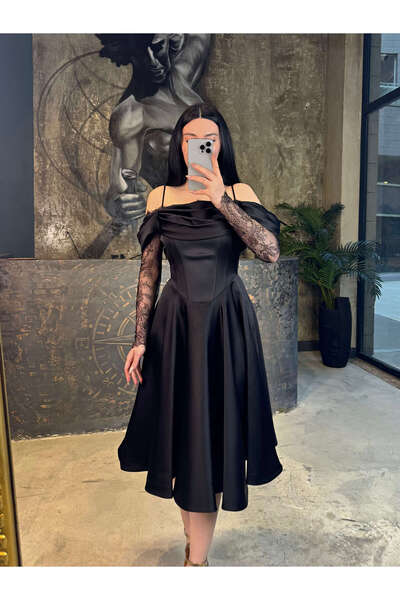 missswans Milleri Kolları Dantel İp Askılı Korse Görünümlü Midi Boy Saten Abi...