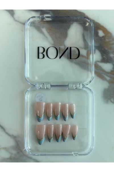 Bond Gel Press-On Nails in Sky Blue — Gold Wave French Tip, Almond Shape -M-Prayer Friendly Gel Nail Tips Colorful – Easy Remove Press-On Nails, Reusable