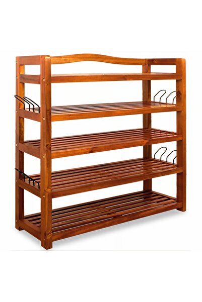 Casaria Acacia Wood Shoe Rack, 5 Shelves, with 8 Side Hangers, Brown, 75x26x82cm