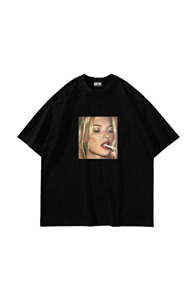 Sekizbiraltı Kate Smokin Printed Oversized Unisex Black Tshirt