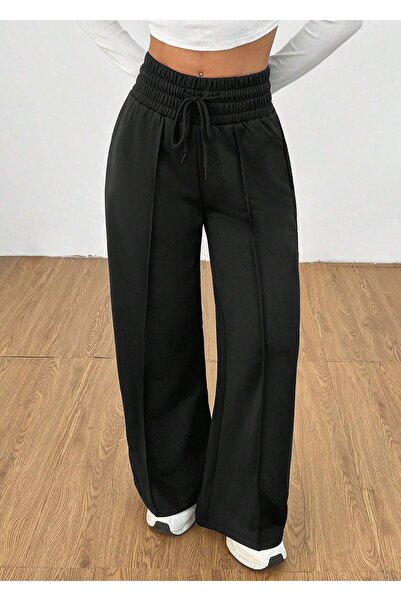 Hera Moda Women's Black Extra High Waist Striped Wide Leg Sweatpants
