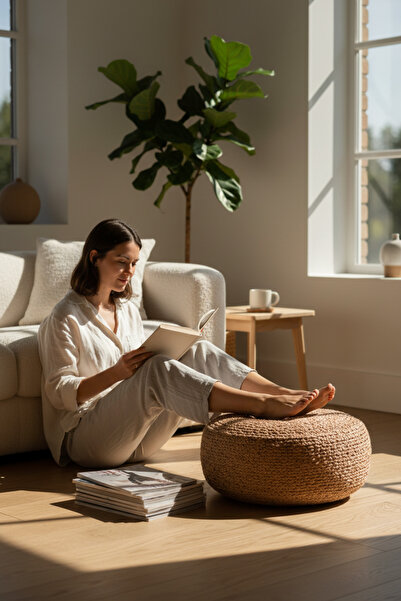 Akayev Nature Hasır Jüt Küçük Yuvarlak Yassı Puf 40x20 cm