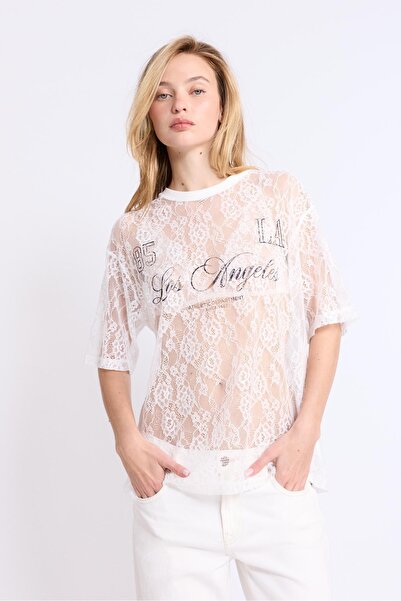 Stradivarius Oversize grafik detaylı dantel t-shirt