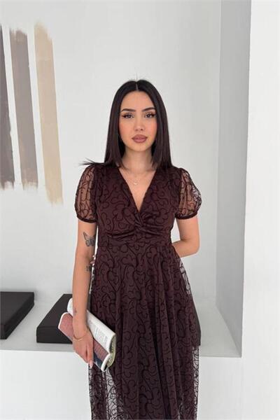 Neşeli Butik Women's Brown Asymmetrical Cut Flocking Printed Midi Length Dres...