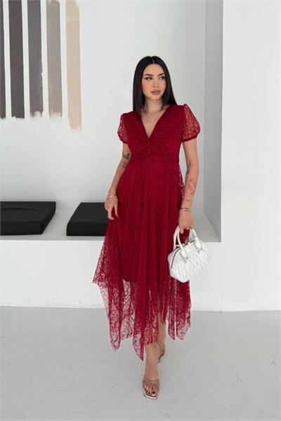 Neşeli Butik Women's Burgundy Asymmetrical Cut Flocking Printed Midi Length D...