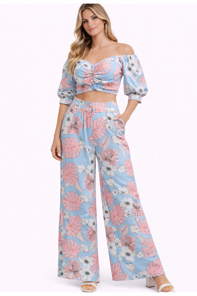 Nobrand Women's Summer Floral Set with Off-Shoulder Top and Flared Pants
