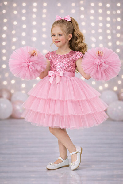 RUMİ KİDS Kız Çocuk Tokalı Ponpon Kollu Abiye Parti Doğumgünü Elbisesi Eteksiz