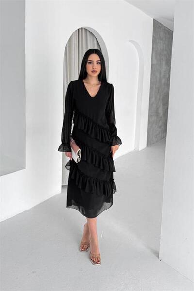 Neşeli Butik Women's Black V-Neck Layered Ruffle Detail Midi Length Chiffon D...