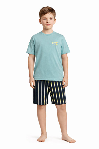 Erkek Yeşil Çocuk-Garson Boy Organik Pamuk Şortlu Pijama Takımı