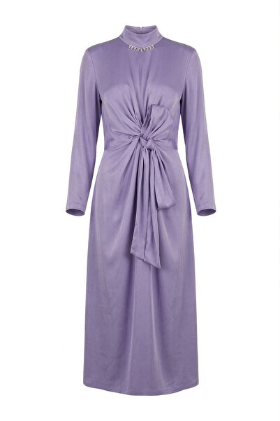 Senna Design Women's Satin Midi Dress with Stone Collar and Knotted Waist - L...