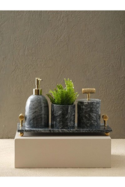 MARLETH Tokmaklı Banyo Seti-Antrasit / Gold - 12x15x30cm