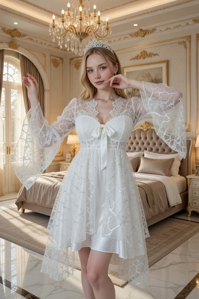 NAHAWAND Zarif Dantelli Saten Gelin Geceliği - Lüks Royal Sabahlık Seti